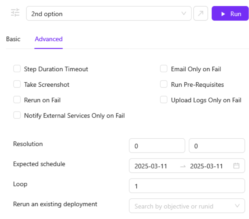 Run test &gt; Advanced settings - reorganized UI